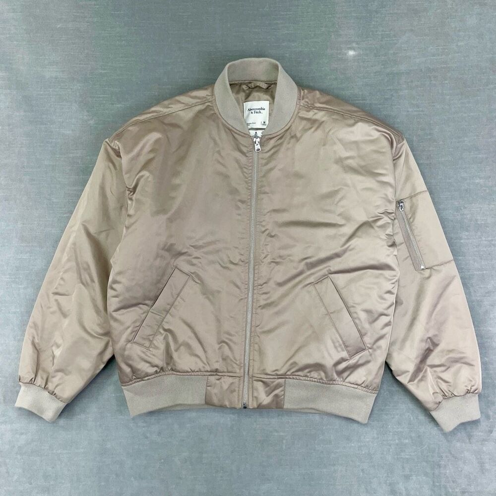 Abercrombie & Fitch Bomber Jacket Womens M Taupe Satin Full Zip Oversized